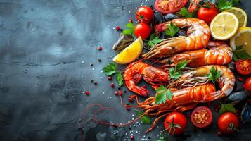 Freshly Cooked Shrimp, Scallops, and Lemon With Parsley and Tomatoes on a Black Background photo