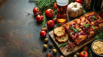 Dried Orange Slices, Pine Branches, and Spices on a Dark Background for Christmas photo