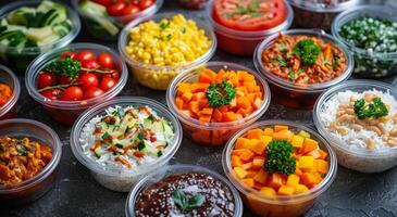 Prepared Food Display Featuring Chopped Carrots and Rice in Clear Plastic Containers photo