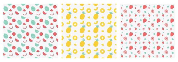 Summertime fruits patterns set. Watermelon, pineapple, strawberries. vector