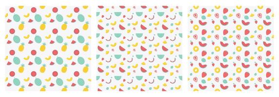 Summertime fruits patterns set. Watermelon, pineapple, strawberries. vector