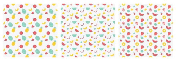 Summertime fruits patterns set. Watermelon, pineapple, strawberries. vector