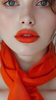 Close Up Portrait Of Woman Wearing Orange Sunglasses And Red Lipstick photo