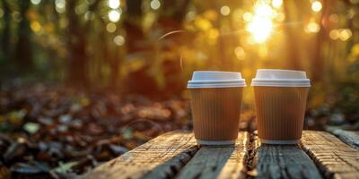 dos papel tazas de café descansando en un de madera banco en un bosque a puesta de sol foto