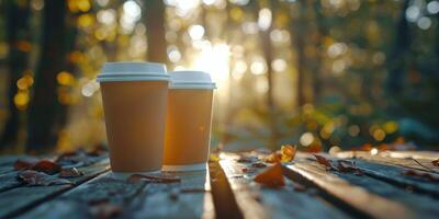 dos papel tazas de café descansando en un de madera banco en un bosque a puesta de sol foto