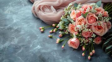 Gold Wedding Bands and Pink Roses on Wooden Table photo