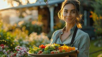 Woman Holding a Plate of Fresh Produce in a Garden at Sunset photo