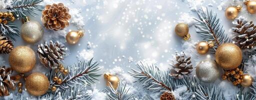 Festive Winter Scene With Pine Cones And Ornaments photo