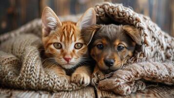 Two Dogs Sitting On A Blue Blanket In Front Of A Pink Wall photo