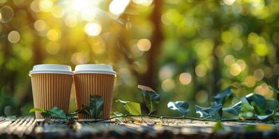 dos papel tazas de café descansando en un de madera banco en un bosque a puesta de sol foto