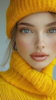 Woman Wearing Yellow Knit Beanie and Sweater photo