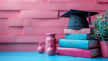 graduación gorra, libros, y lentes en un azul escritorio foto