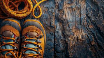 Close Up of Hiking Boots and Rope on Rustic Wooden Background photo