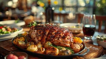 A Tabletop Arrangement of Fresh Ingredients and Food on a Wooden Surface photo