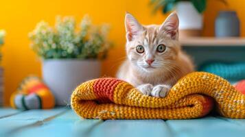 Orange Tabby Cat Resting on a Yellow Knit Blanket in a Home Setting photo