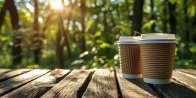 dos papel tazas de café descansando en un de madera banco en un bosque a puesta de sol foto