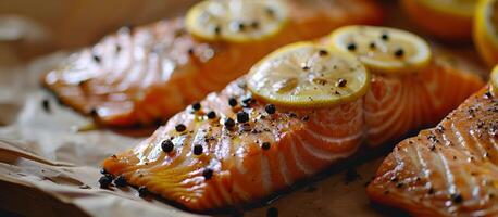 Two Pieces of Salmon With Lemon Slices photo
