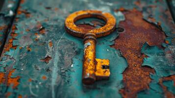 An Old Key Embedded in Mossy Rock and Surrounded by Greenery photo