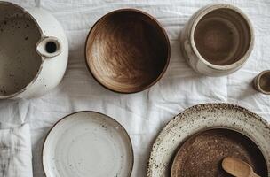 Table With White Dishes and Wooden Spoons photo