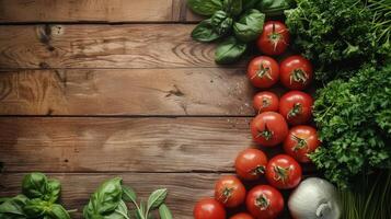 un mesa arreglo de Fresco ingredientes y comida en un de madera superficie foto