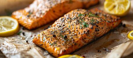 Plate of Salmon With Lemons and Herbs photo