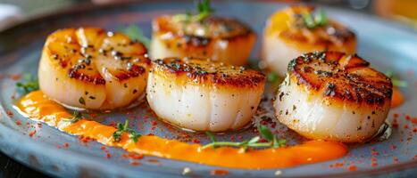 Plate of Scallops With Sauce and Garnish photo