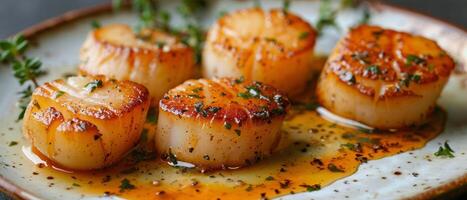 Plate of Scallops on Table photo