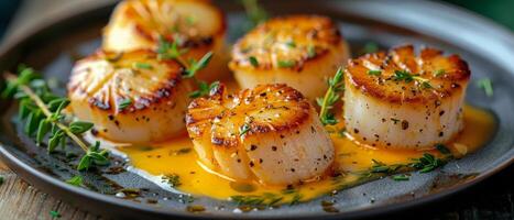 Plate of Scallops on Table photo