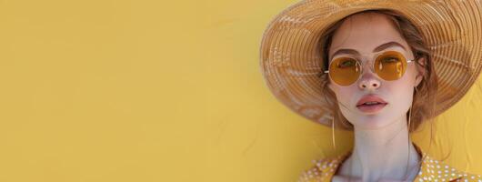 mujer vistiendo amarillo Gafas de sol y sombrero foto