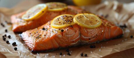 Two Pieces of Salmon With Lemon Slices photo