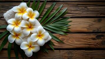 Stack of Blue Towels With White Flowers photo