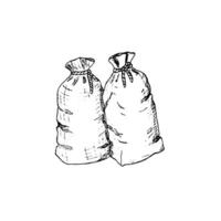 Hand-drawn closed sacks. Sacks of flour, sugar, rice, and grain. Isolated on white background. vector