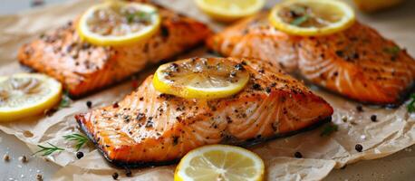 Plate of Salmon With Lemons and Herbs photo