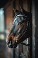 Brown Horse Standing on Top of a Brick Floor photo