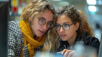 Two Young Women Looking at a Computer Screen photo