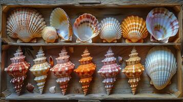 Group of Sea Shells on Wooden Table photo