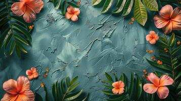 Flowers and Leaves Painting on Blue Background photo