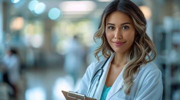 Woman in Lab Coat Holding Clipboard photo