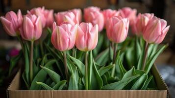 de madera caja lleno con rosado tulipanes en mesa foto