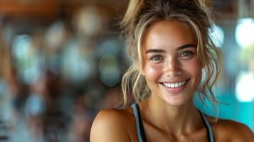 Smiling Woman With Ponytail Looking at Camera photo