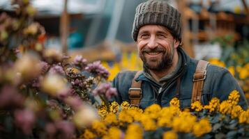 Man With Hat and Backpack Exploring Garden photo