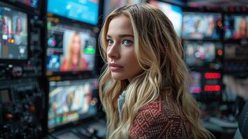 Woman in Control Room Looking at Camera photo