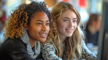 Two Young Women Looking at a Computer Screen photo
