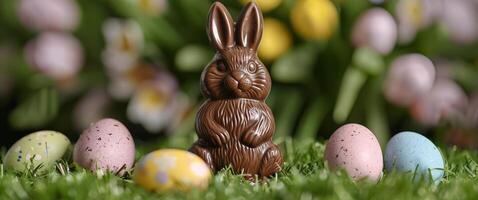 Chocolate Bunny With Eggs in Grass photo