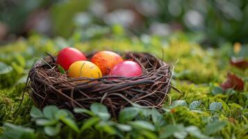 Bird Nest Filled With Eggs on Lush Green Field photo