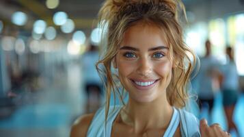 Smiling Woman With Ponytail Looking at Camera photo