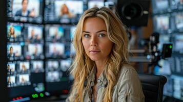 Woman in Control Room Looking at Camera photo