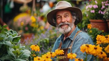 Man With Hat and Backpack Exploring Garden photo