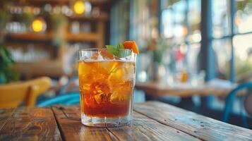 Glass of Soda on Wooden Table photo