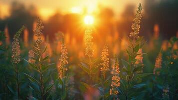 Field of Flowers With Setting Sun photo